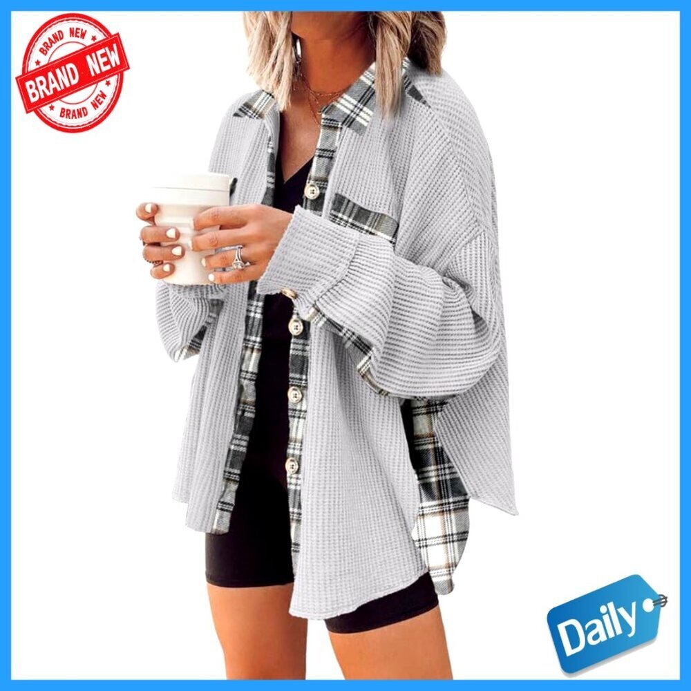 Waffle Knit Plaid Shacket Loose Fit Button Down Shirt Jacket Long Sleeve